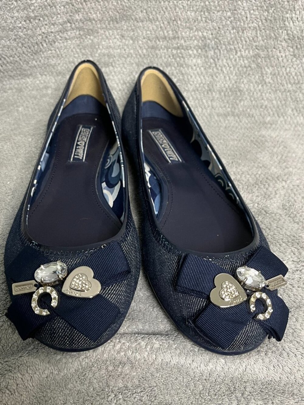 COACH POPPY "CAPER" JEWELED LOGO BOW charms Navy denim BALLET FLATS SHOES 10 B